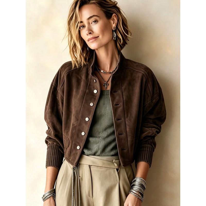 Womens Short Suede Baseball Jacket Loose Fit Casual Outerwear Winter 2026