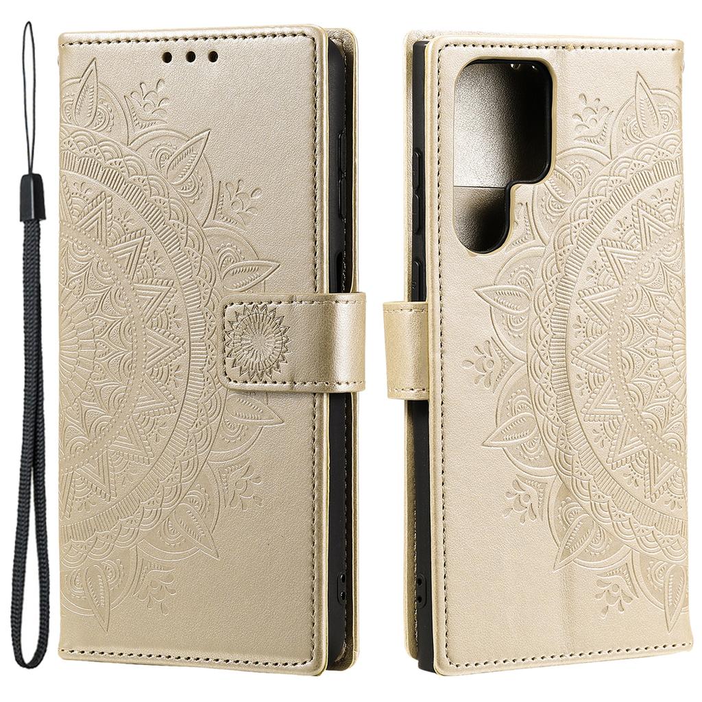 For Samsung Galaxy S24 Ultra Case PU Leather Mandala Flower Stand Cover with Strap