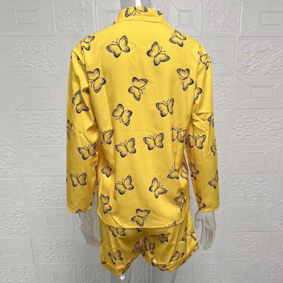 2 Pcs/Set Shirt Shorts Suit Zipper Lapel Loose Printed Long Sleeve Casual Soft Pockets High Waist Lady Top Shorts Set