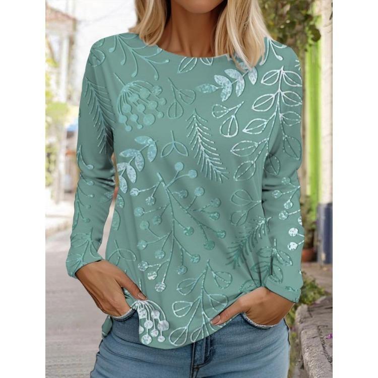 3D Floral Printed Long Sleeve T Shirt Women Fashion Round Neck Top Holiday Weekend