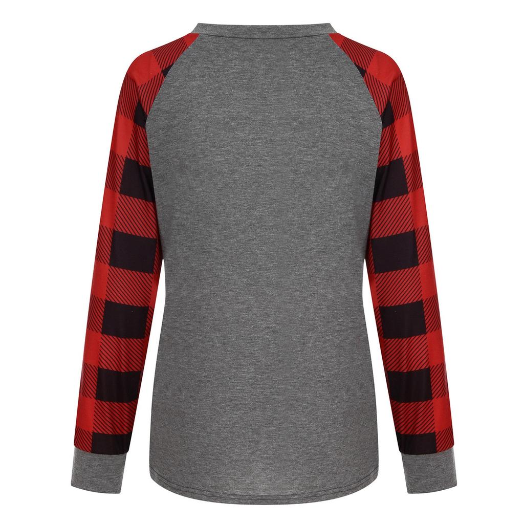 Dámské módní kostkované tričko s vánočním potiskem s kulatým výstřihem a dlouhým rukávem