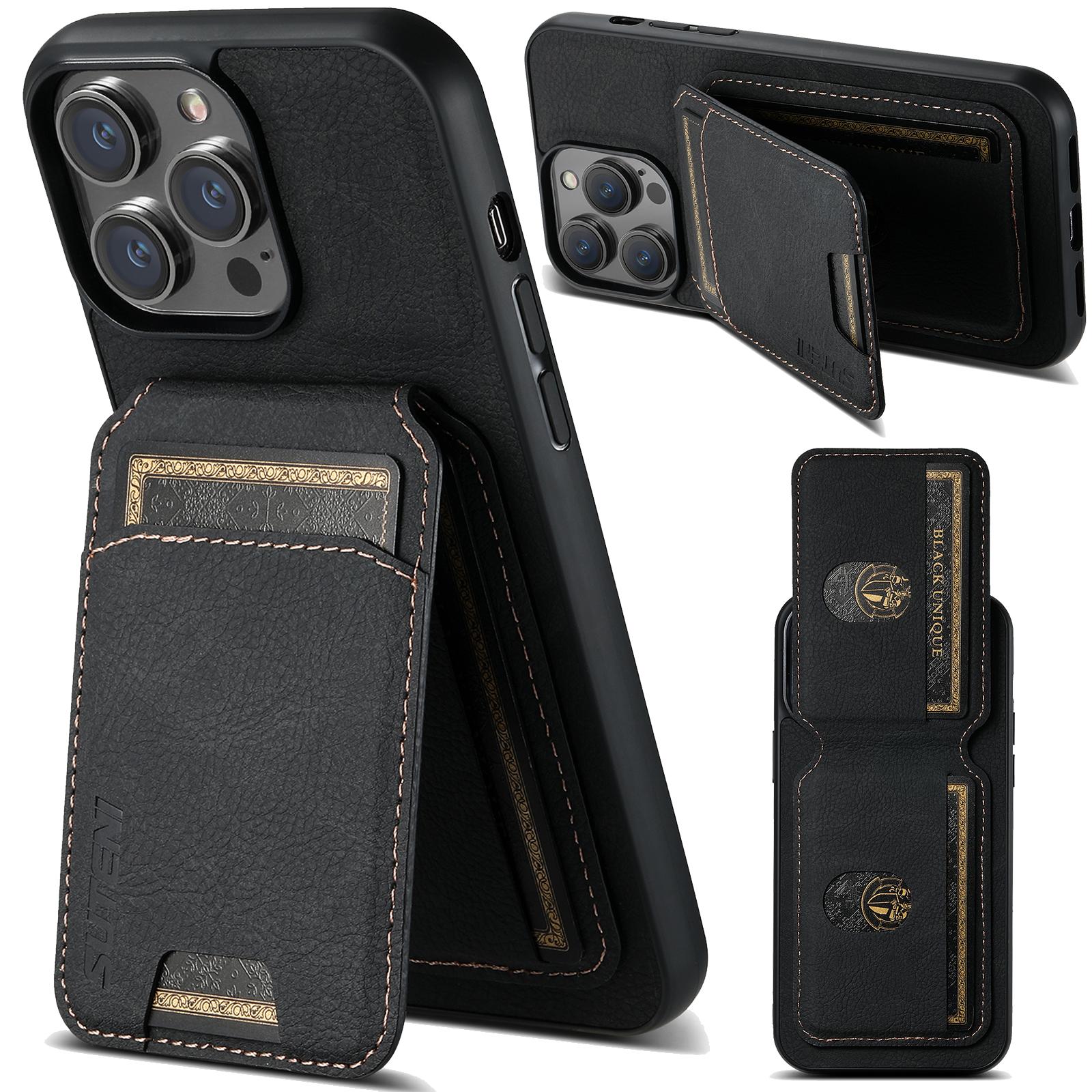 

SUTENI H02 для iPhone 11 Pro Max, чехол с текстурой личи, подставка, слоты для карт, защитный чехол Black