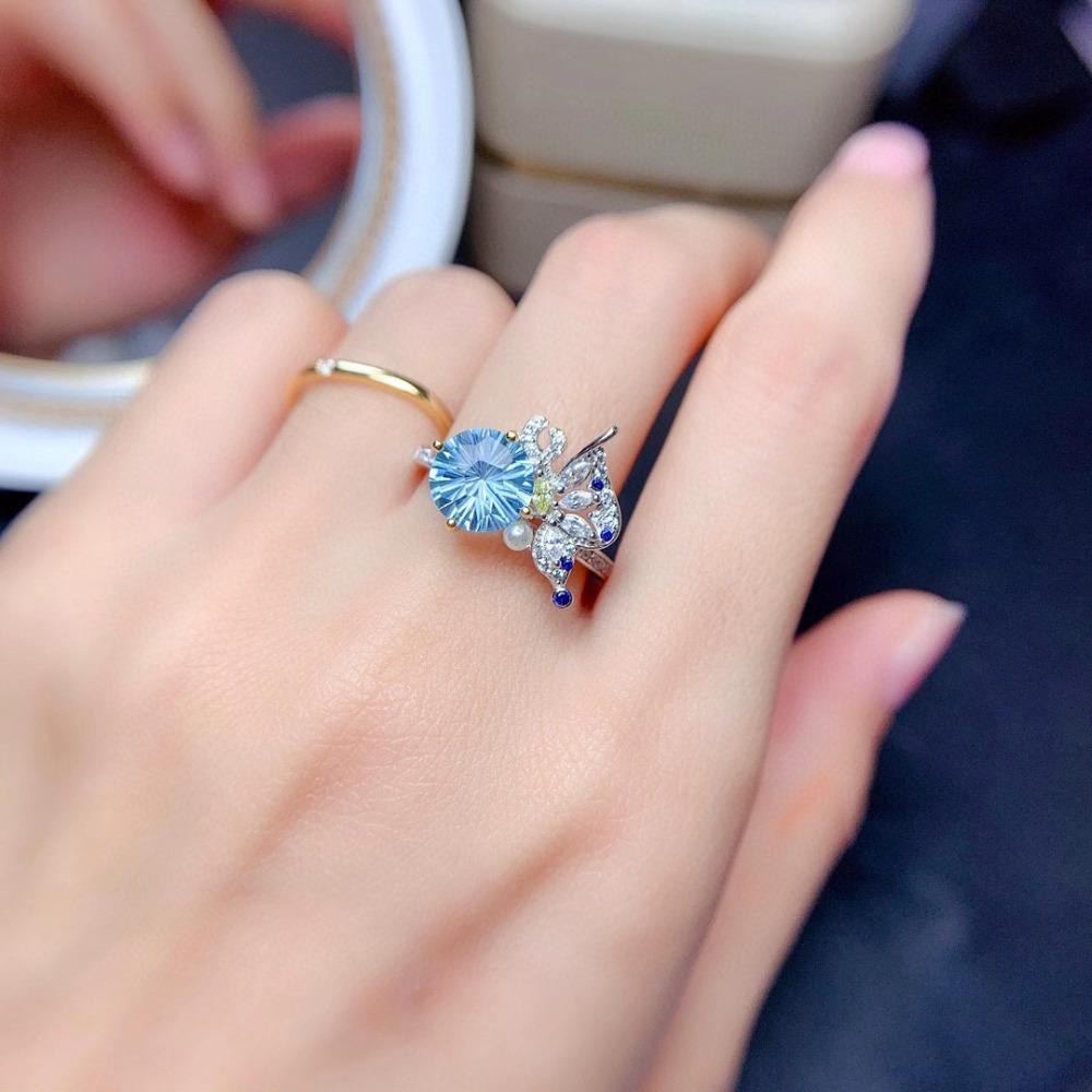 Women Jewelry Set Blue Topaz Butterfly Ring Pendant Necklace Set Fairy Design Firework Cut Live Stream Popular