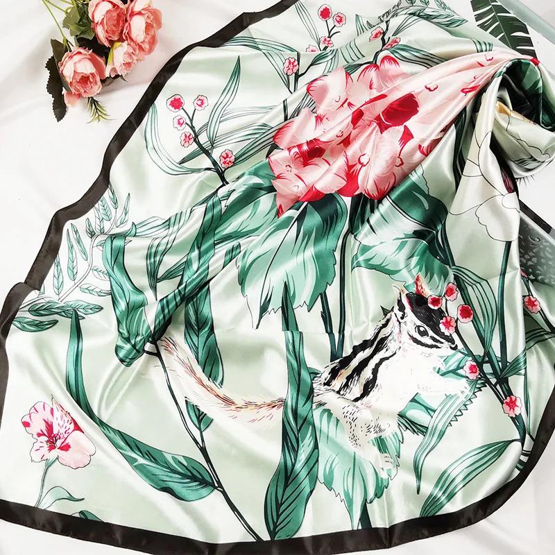 90cm Neckerchief Silk Satin Women Hijab Scaves Fashion Floral Print Headband Neck Scarfs Female Square Shawls Scarfs For Ladies