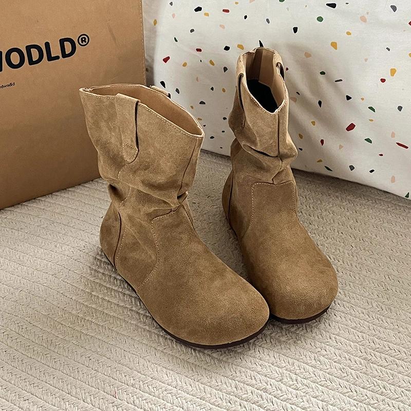 Spring Autumn Vintage Women Flats Ankle Boots Shoes Fashion Round Toe Slip On Pleated Short Booties
