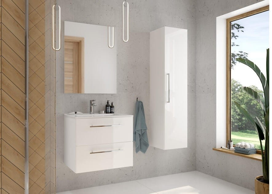 Wall-hung bathroom column, white gloss, 125x33cm, soft-close Pinia