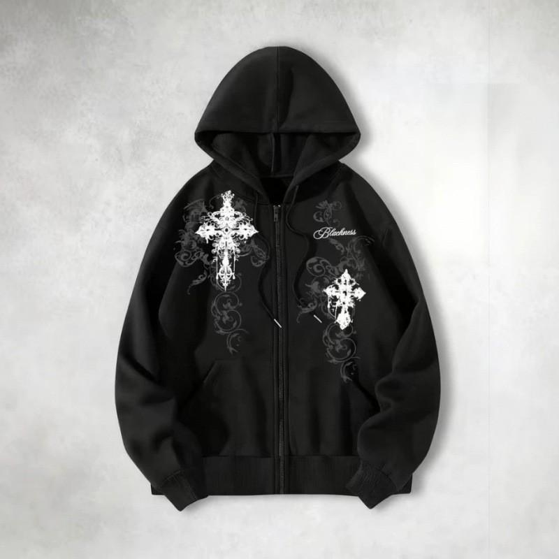 Gotický Kříž Sanskrtský Potisk Volná Mikina na Zip Pánská Ležérní Streetwear