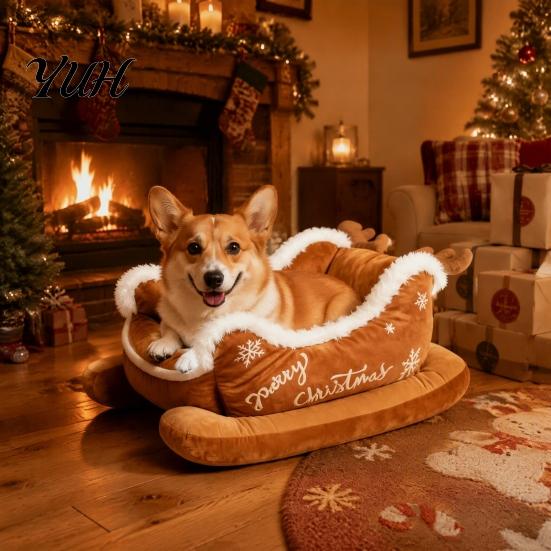 Washable Removable Base Kennel Christmas Sleigh Dog Bed with Non Slip Base, Plush Calming Pet Sofa High Resilience Foam Lounger for Indoor Outdoor,