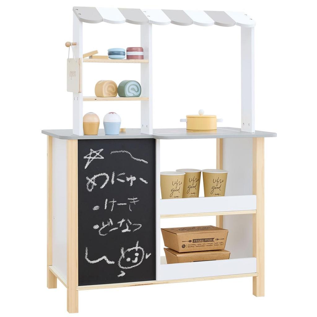 Bon Furniture Wooden Play Kitchen Set Reversible with Cooking and Sweets Accessories 25 Pieces Perfect for Cafe Shop Educational Kitchen Set for