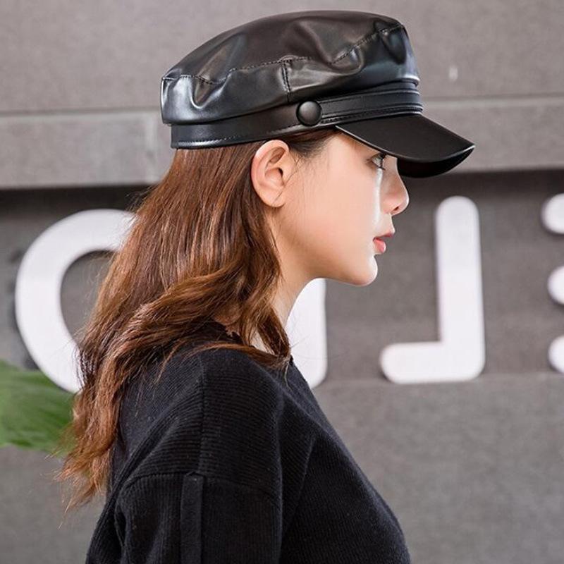 Hat Women'S Sky Pu Leather Navy Hat Flat Top Versatile Japanese Beret Octagonal Hat Trendy Girl