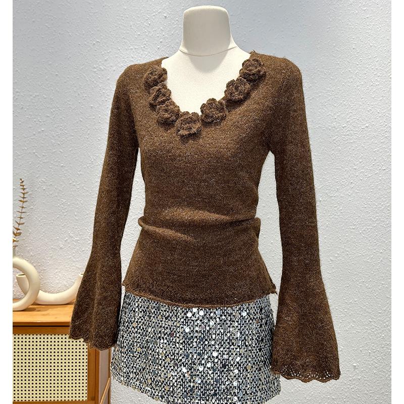 Three-dimensional Flower Knitted Sweater Autumn and Winter New Horn Sleeve Design New Niche Crochet V-neck Bottoming Sweater