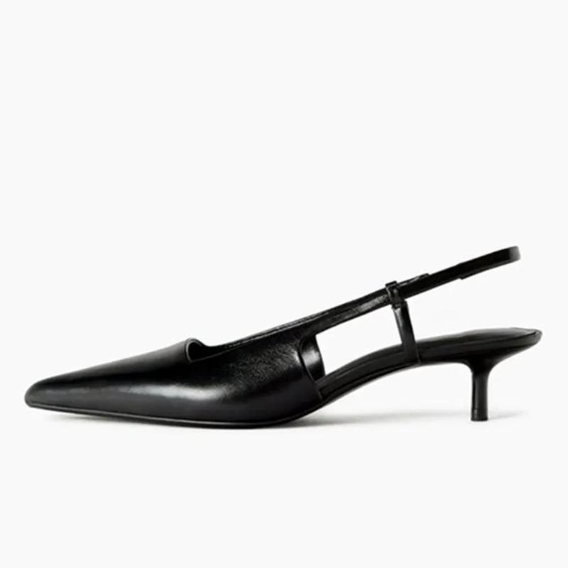 Fashion Sexy Black Pointed Toe Pumps Women Fashion Shallow Back Strap Thin Heel Dress Shoes Comfort Soft Leather Commuting Office Shoes