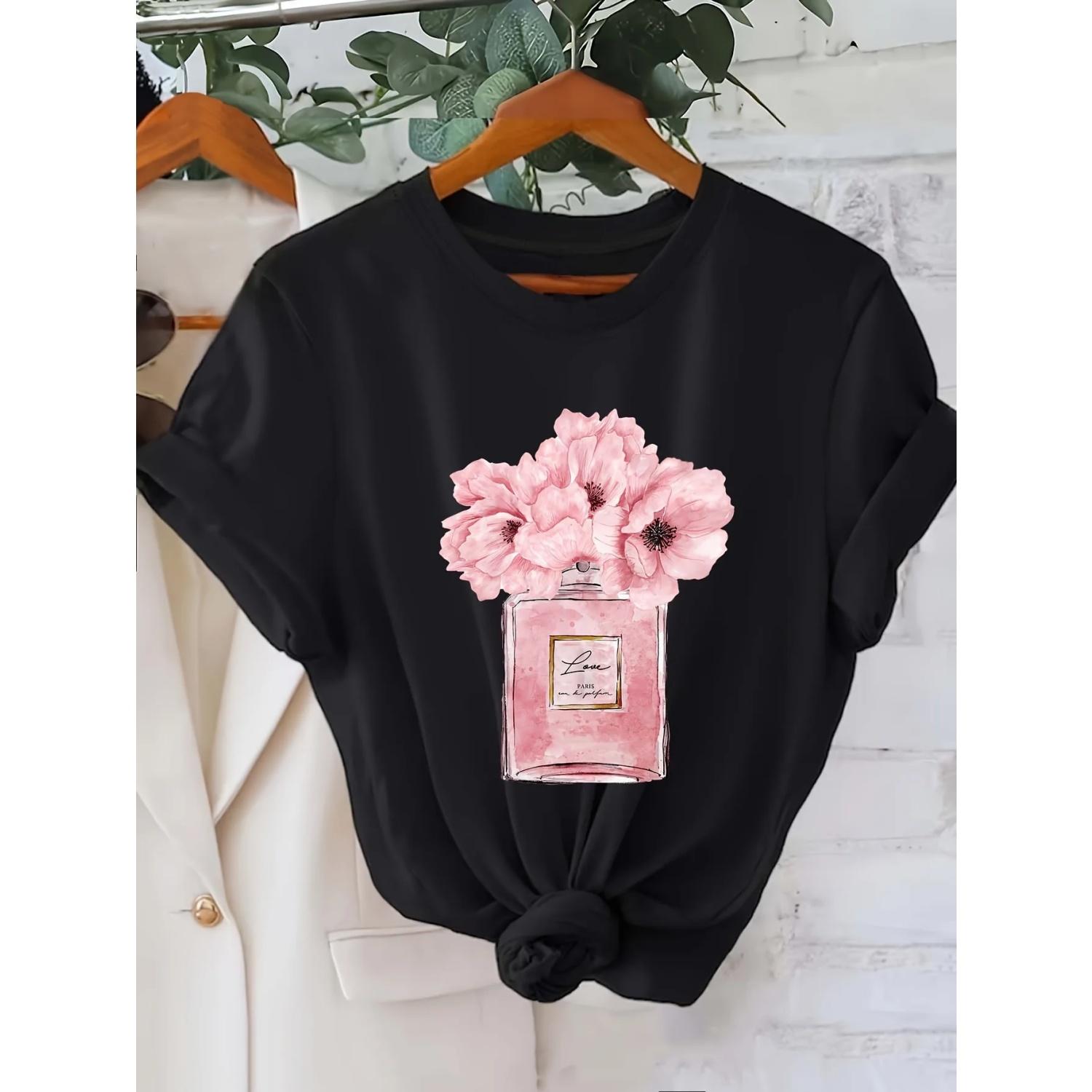 Crew Neck Short Sleeve Polyester Knit Fabric Season Wear Women S Floral Print T-Shirt Paris Flower Design Casual S чёрный