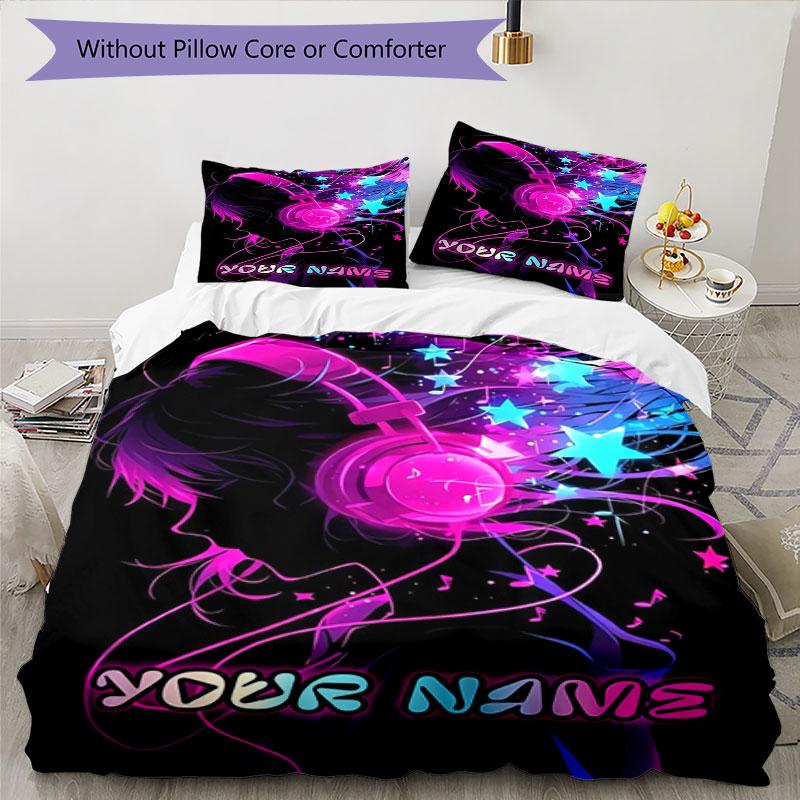3pcs Custom Name Music Dreams Neon Lights Bedding Set Printed Bedding Set Duvet Cover Closure Includes 1 Duvet Cover & 2 Pillowcases Bedroom Decor