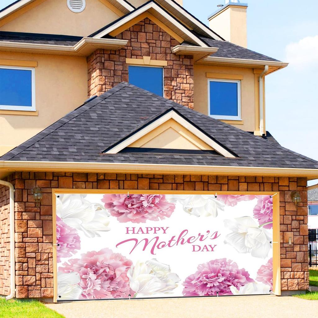 Leowefowa Mother's Day Light Banner 16x7ft Pink Floral Garage Door Decor