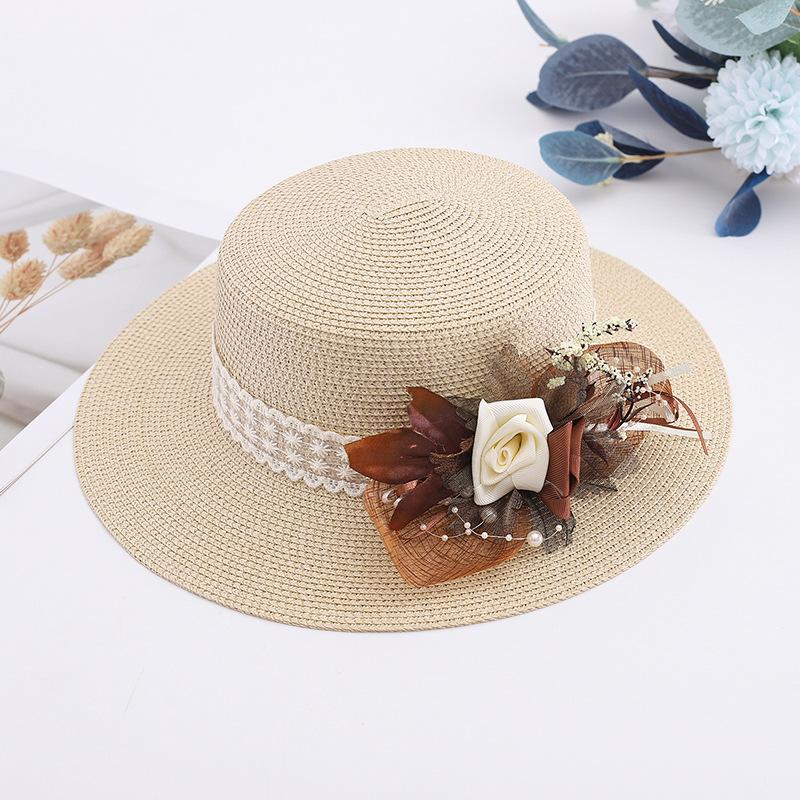 Flat top straw hat women's summer outdoor travel photo vacation beach hat Japanese hat flower shade hat
