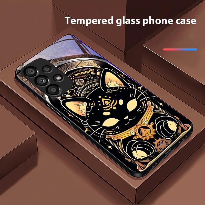 Schwarze Goldkatze für Samsung Galaxy S10 S20 Plus S21 FE S22 S23 S24 FE S25 Ultra Schwarz Gehärtetes Glas Handyhülle Hartschale