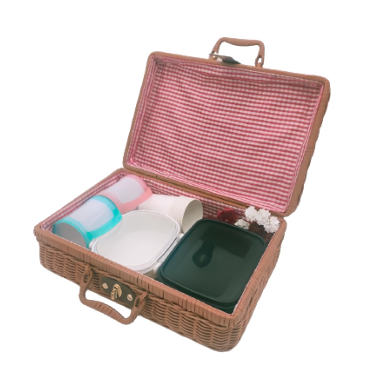 

Large picnic basket with perfect for storing picnic camping and Includes lid, sets, utensils, more. lining.