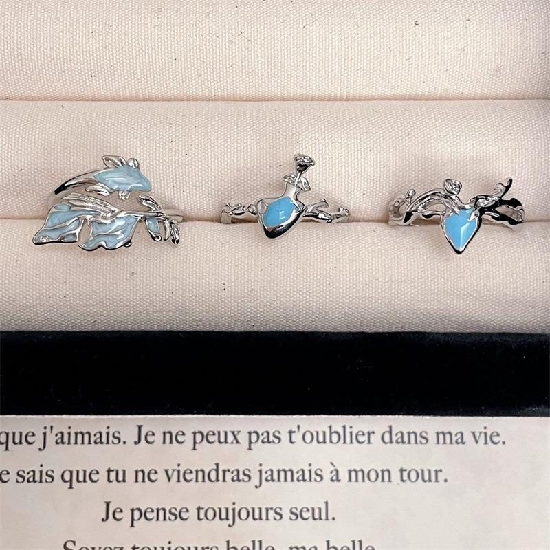 Sea Blue Enamel Fish-Shaped Open Ring Love Fashion High Personality Exquisite Mori Elegant Ring Woman