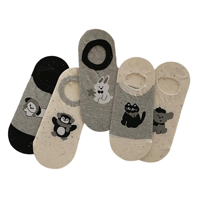 Black, White and Grey Summer Thin Silicone Anti-slip Color-blocking Boat Socks Cartoon Animal Dot Yarn Boneless Invisible Socks