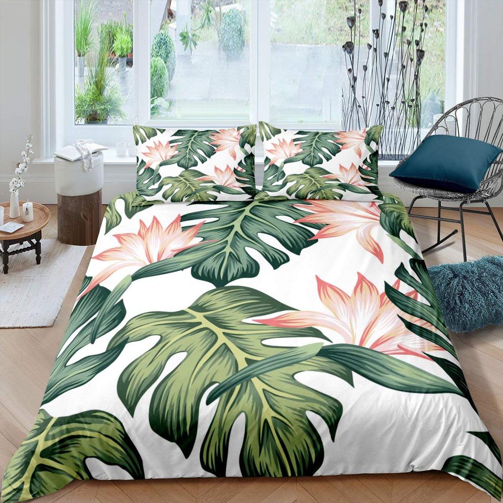 Dark Green Boho Duvet Cover Tropical Botanical Bedding Set Abstract Mid Century Palm Leaf Comforter Covers Plant Home Room Decor