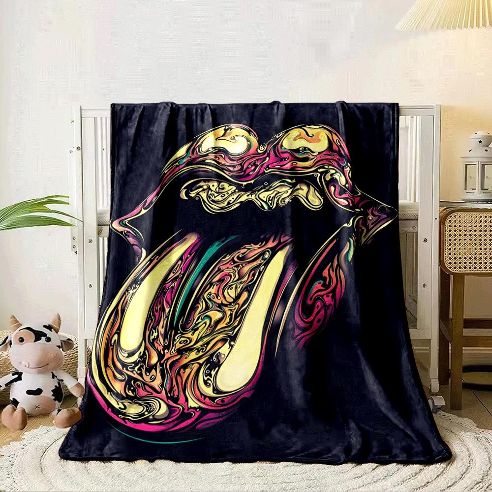 A vibrant, swirly abstract pattern forms lips with an extended tongue. for all seasons blanket lunch break throw gift 80cm x 120cm