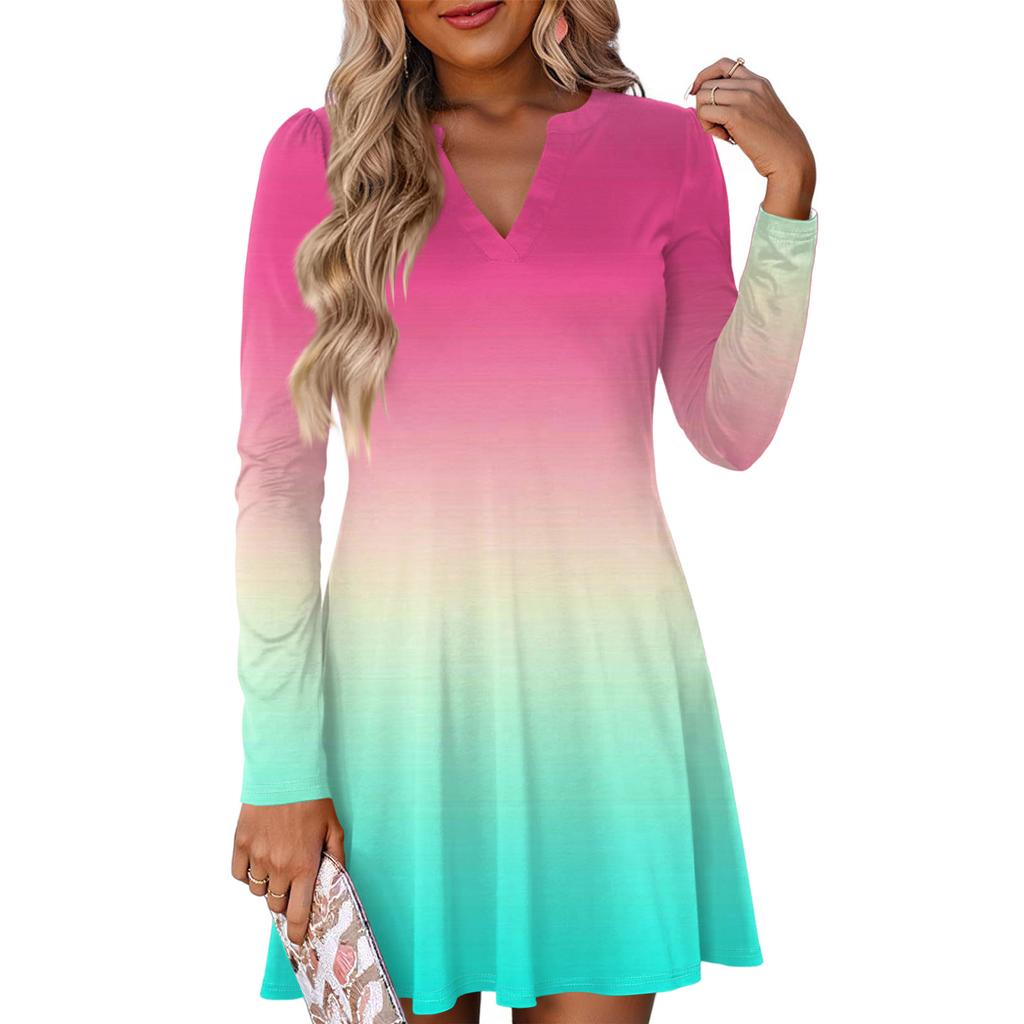 Women's Fashion Gradient V-neck Long Sleeve Dress
