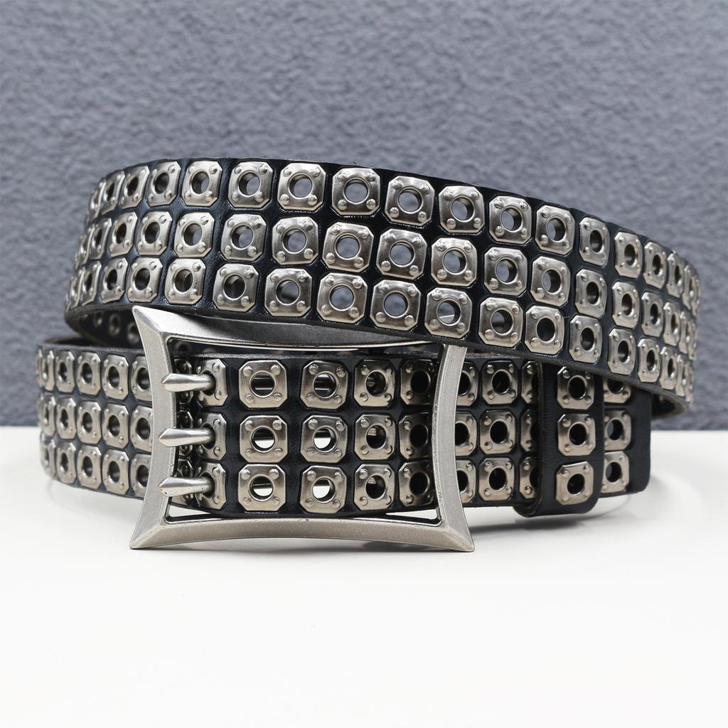 New Japanese American Motorcycle Belt Heavy Duty Punk Car Eye Hollow Rivet Men's Cowhide Belt Women's Three-pin Buckle