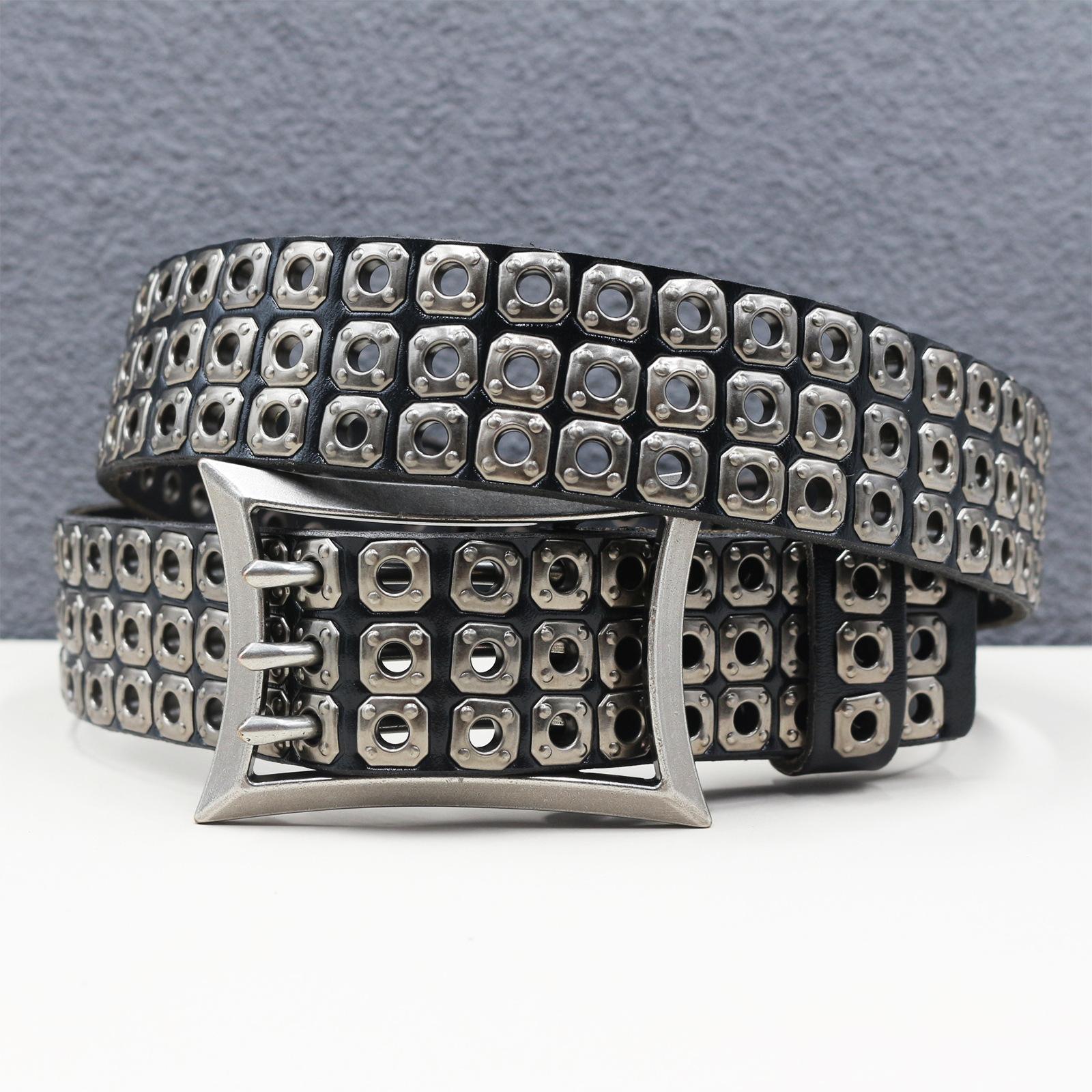 Writing A Notebook Women's New Japanese American Motorcycle Belt Heavy Duty Punk Car Eye Hollow Rivet Men's Cowhide Belt Three-Pin Buckle 115Cm