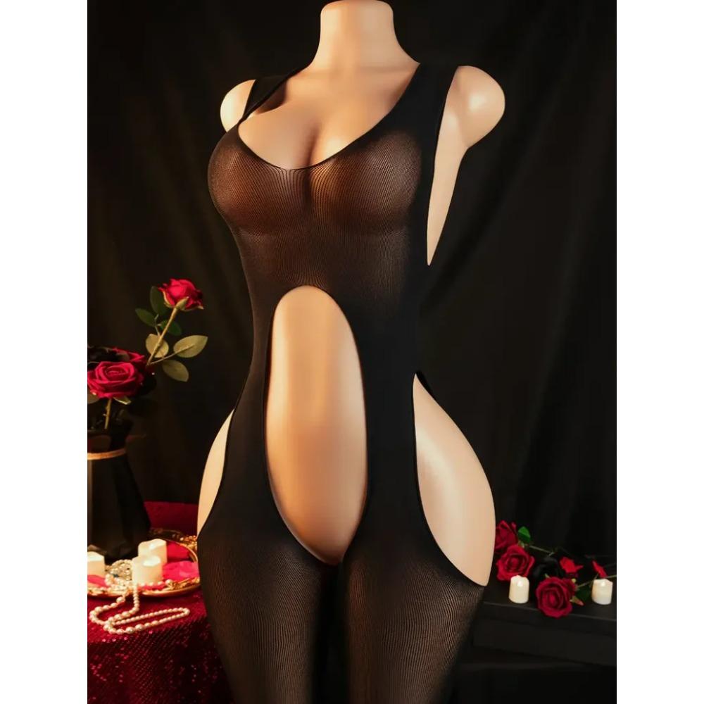 Sexy Hollow Fishnet Teddies Bodysuit Women Erotic Crotchless Lingerie Full Sleeve Bodystockings Mesh Perspective Babydoll Fetish