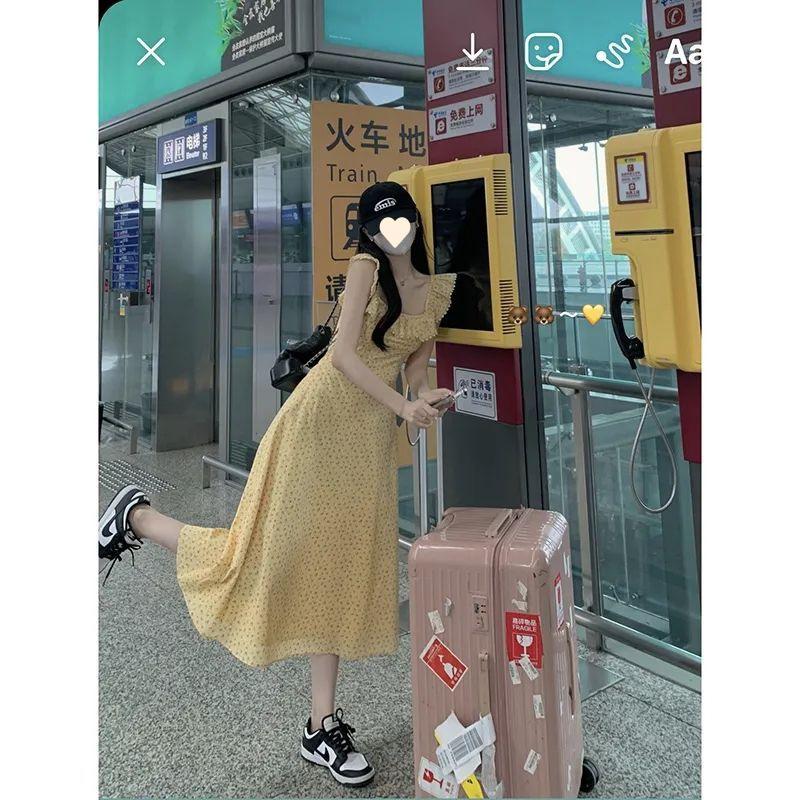 Gentle wind sweet age-reducing pastoral floral dress women's medium and long temperament square neck ruffle edge skirt