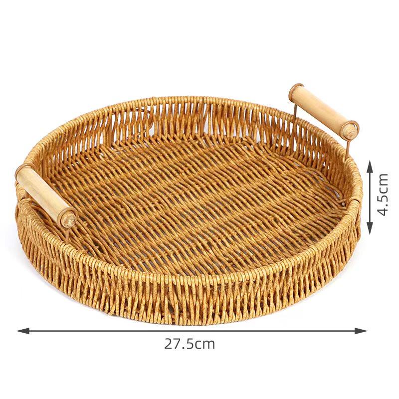 Handmade Woven Rattan Fruit Plate - Japanese Bread & Steamed Bun Basket with Double Ear Handles for Living Room Storage