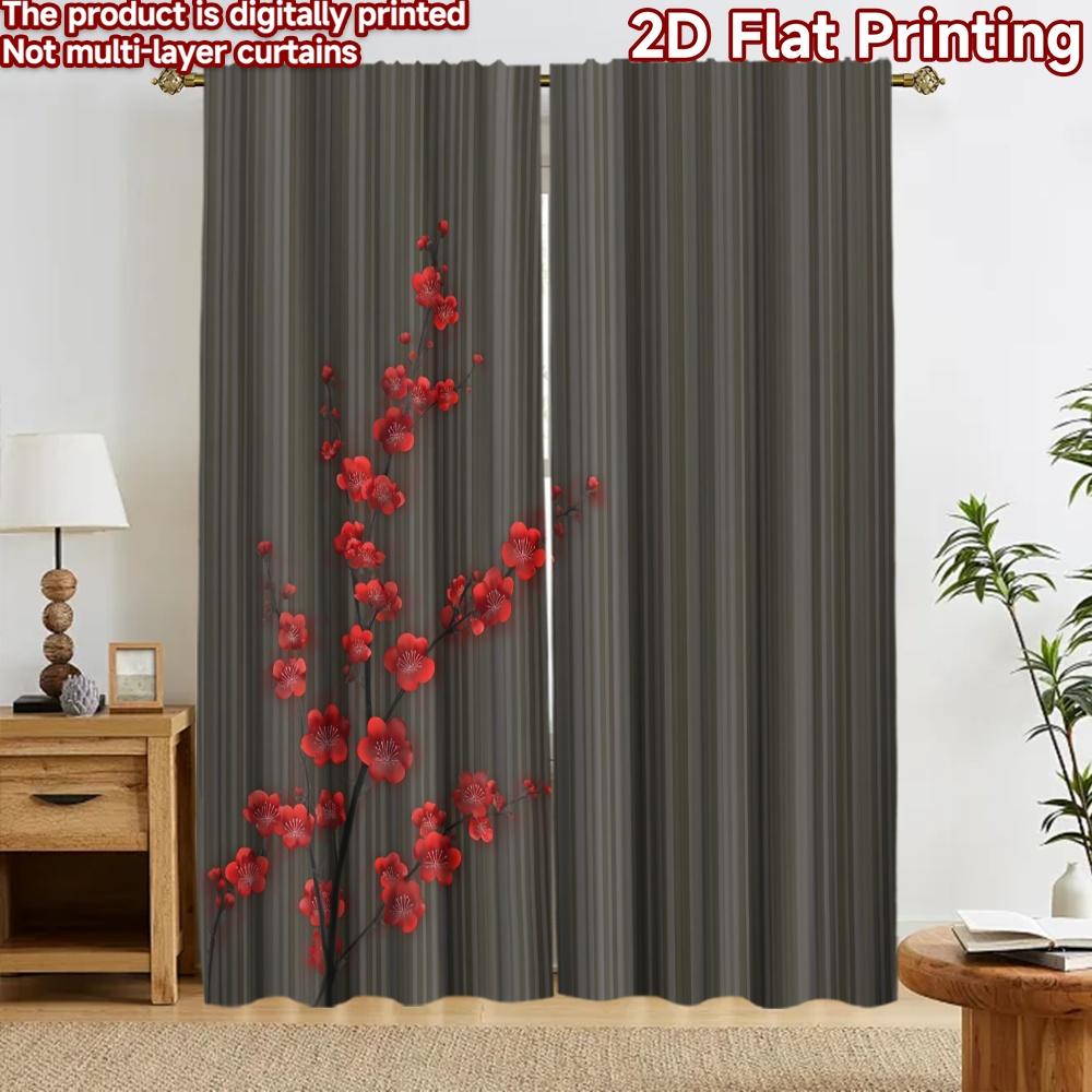 2D flat printing 2pcs Curtain Party Window Curtains Elegant Red Blossoms Digital Printed Polyester Drapes Festive Holiday