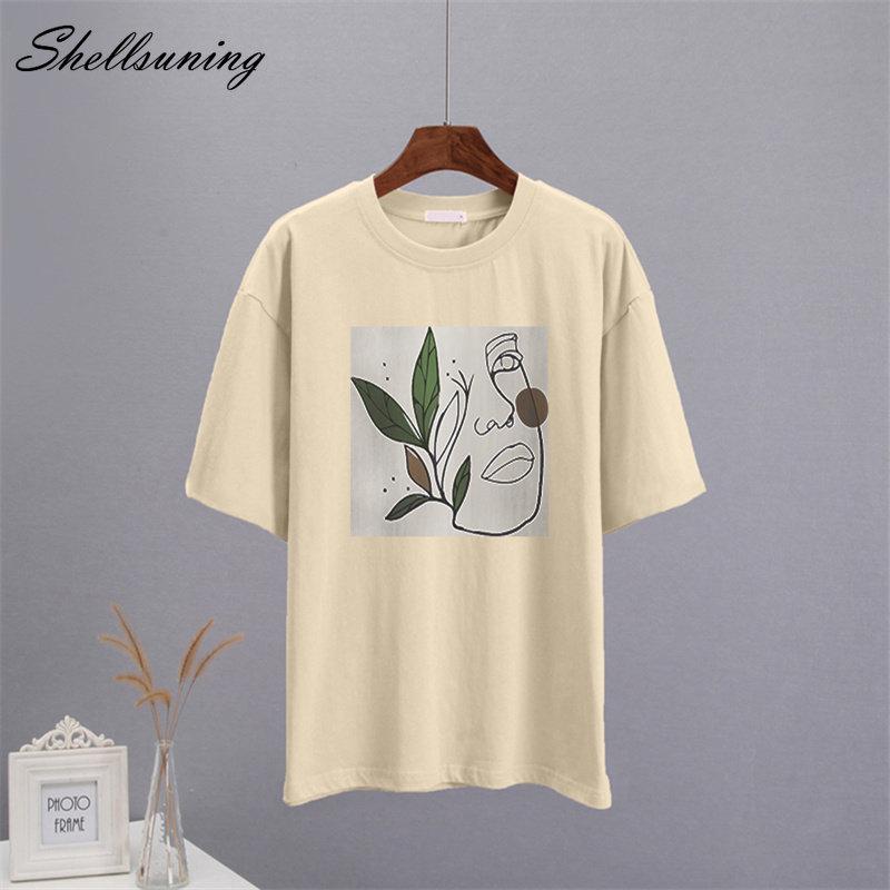 Shellsuning Abstract Character Graphic T Shirts Women Summer Soft Cotton Short Sleeve Tees Female Harajuku Chic Streetwear Tops
