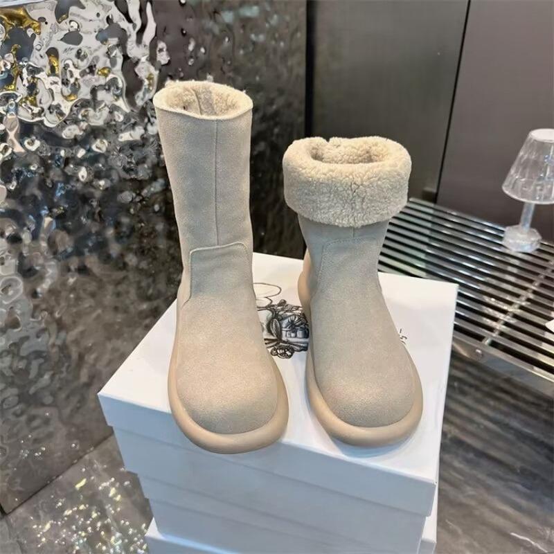 Snow Boots, Retro Flat Heel, Slimming and Warm Women's Boots, Mid-calf Length Boots, Cotton Shoes