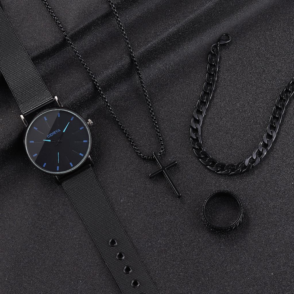 Vintage Diablo Stainless Steel Quartz Watch Set Cross Necklace Ring Bracelet Men's and Women's Watches