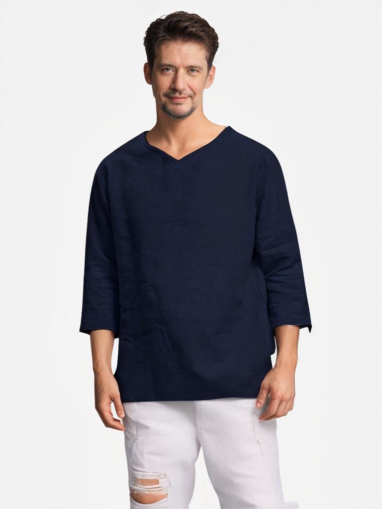 Men's V-Neck Long-Sleeve Cotton Linen Shirt - Anti-Theft Policy Applied