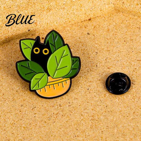 Cat Lapel Pin Enamel Brooch Cartoon Green Plant Shape Compact