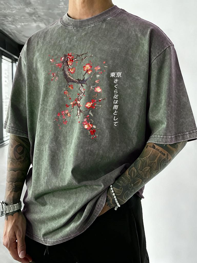 Harajuku Tokyo Stampa Fiori di Ciliegio T-shirt Lavate Uomo Traspirante Girocollo T-shirt Cotone Vacanza Manica Corta Casual Abbigliamento Sportivo