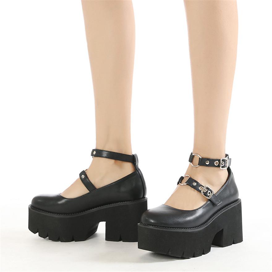 Classic Female Loafers Shoes New Autumn Thick Heels Patent Leather Buckle Pumps Retro Girls Platform High-Heeled Shoes for Women