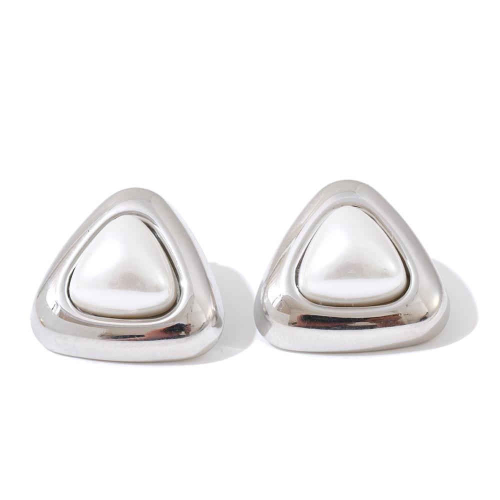 Yhpup 2025 Stainless Steel Imitation Pearls Triangle Stud Earrings Arrivals Elegance Chic Korean Trendy Exquisite Jewelry Women