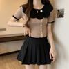 Top de punto de encaje con bloques de color estilo francés para mujer de manga corta con sentido del diseño único y hermoso camiseta interior camiseta en verano