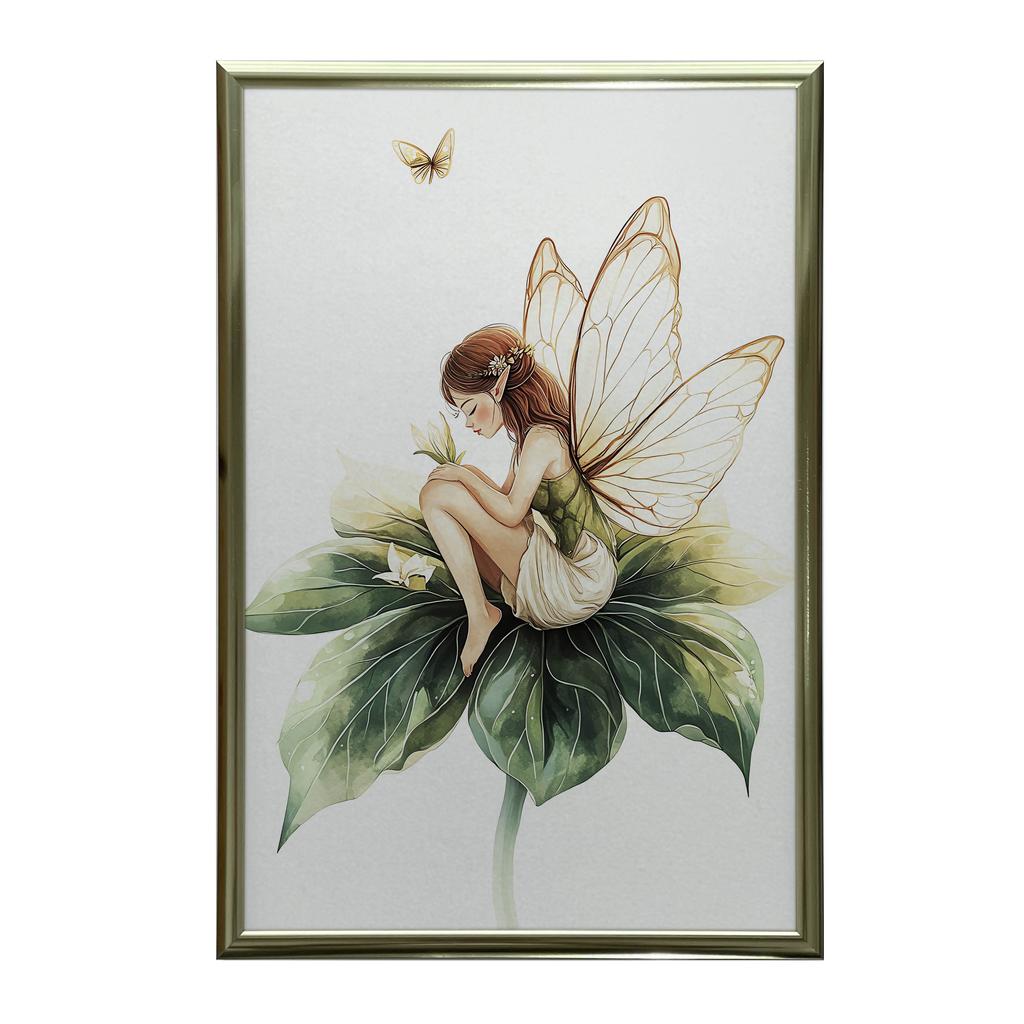 Plakat Magiczna Wróżka Na Zielonym Liściu Plakat Magiczna Wróżka Na Zielonym Liściu, 30X40 Cm, Rama Drewniana Jasny Dąb, Papier Matowy 230 Gsm