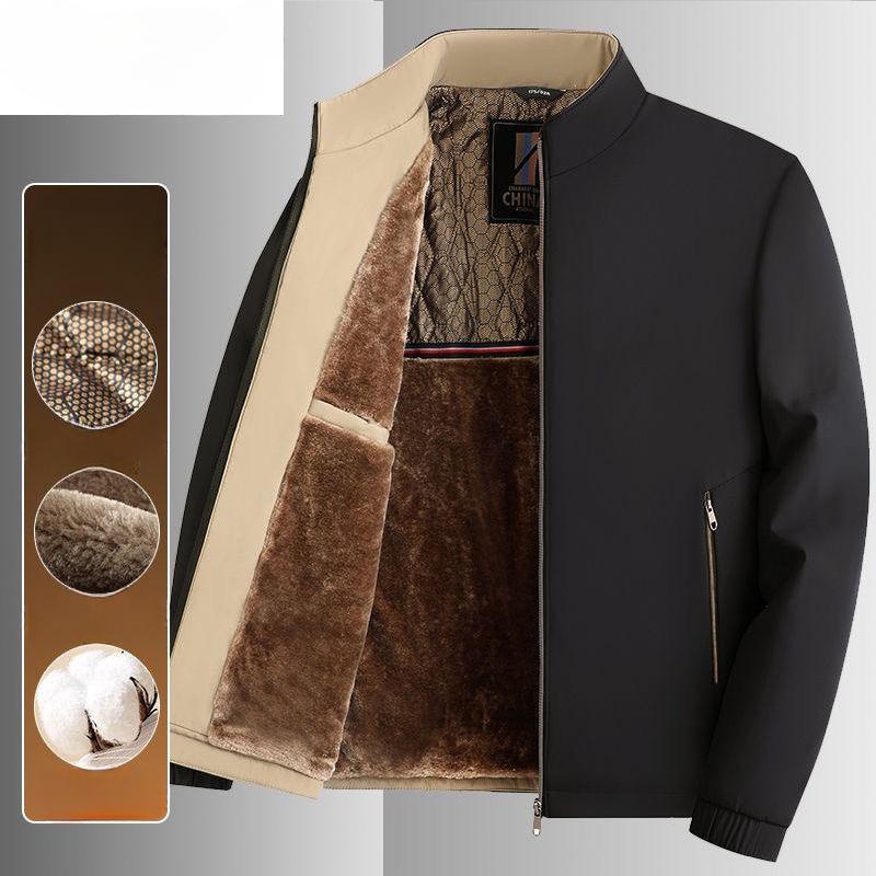 Dad's Winter Coat Black Gold Velvet Thickened Middle-aged Men's Stand-up Collar Jacket Autumn and Winter Tops