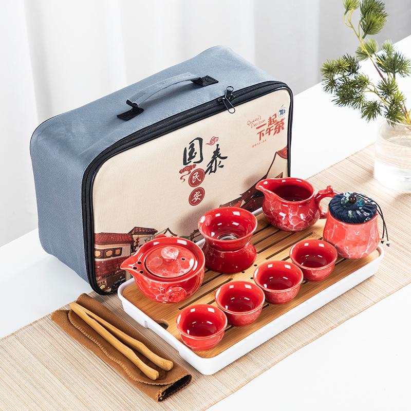 Guochao travel tea set set will be sent to customers as store opening gifts, camping ceramic portable storage set.