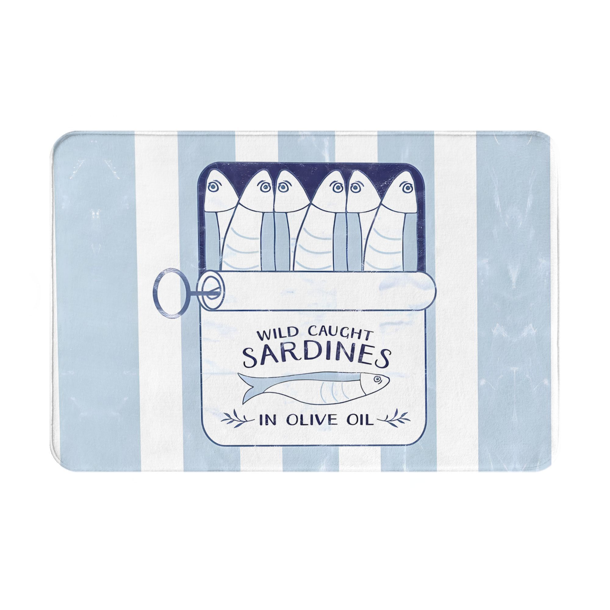 

Sardine Can Illustration Doormat Blue White Striped Printed Polyester Hand Wash Only 80x50cm Decorative Use 40cm x 60cm