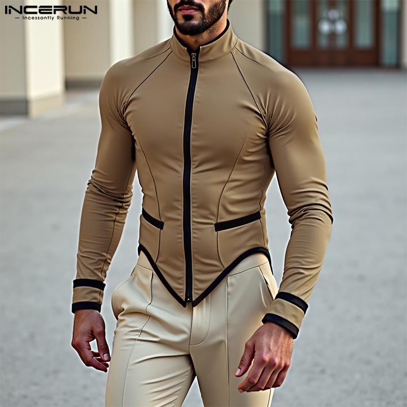INCERUN Men Stand Neck Zip-Up Long Sleeve Irregular Stitching T-shirts Tops