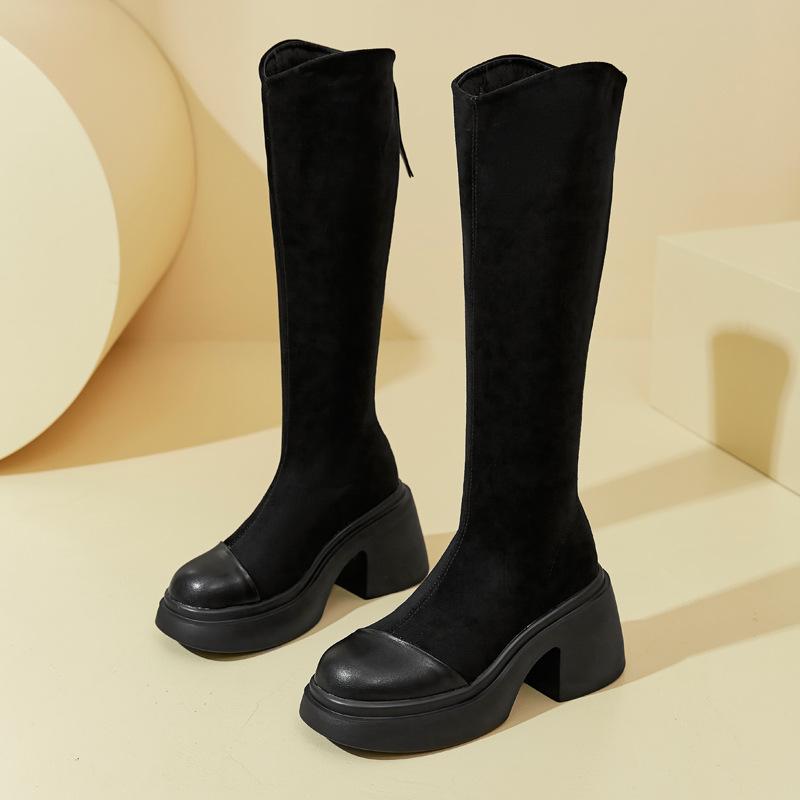 

High boots women s autumn new thick heel round head elastic boots rear zipper boots thick sole thin boots 35 чорний