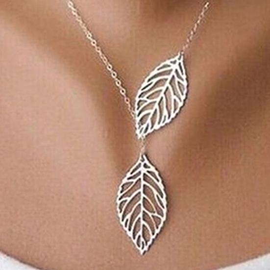 Women Fashion Double Leaf Hollow Charm Pendant Short Collar Necklace Jewelry