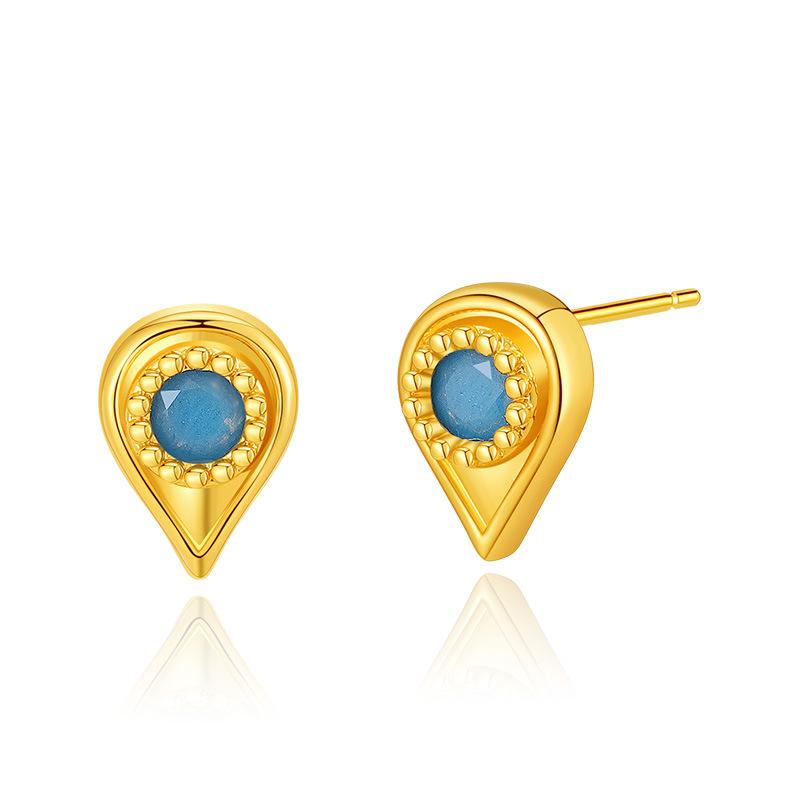 Turquoise Earrings Brass Plated 18K Real Gold Color Retention Retro Circle Metal Texture Ear Buckle Premium Sense